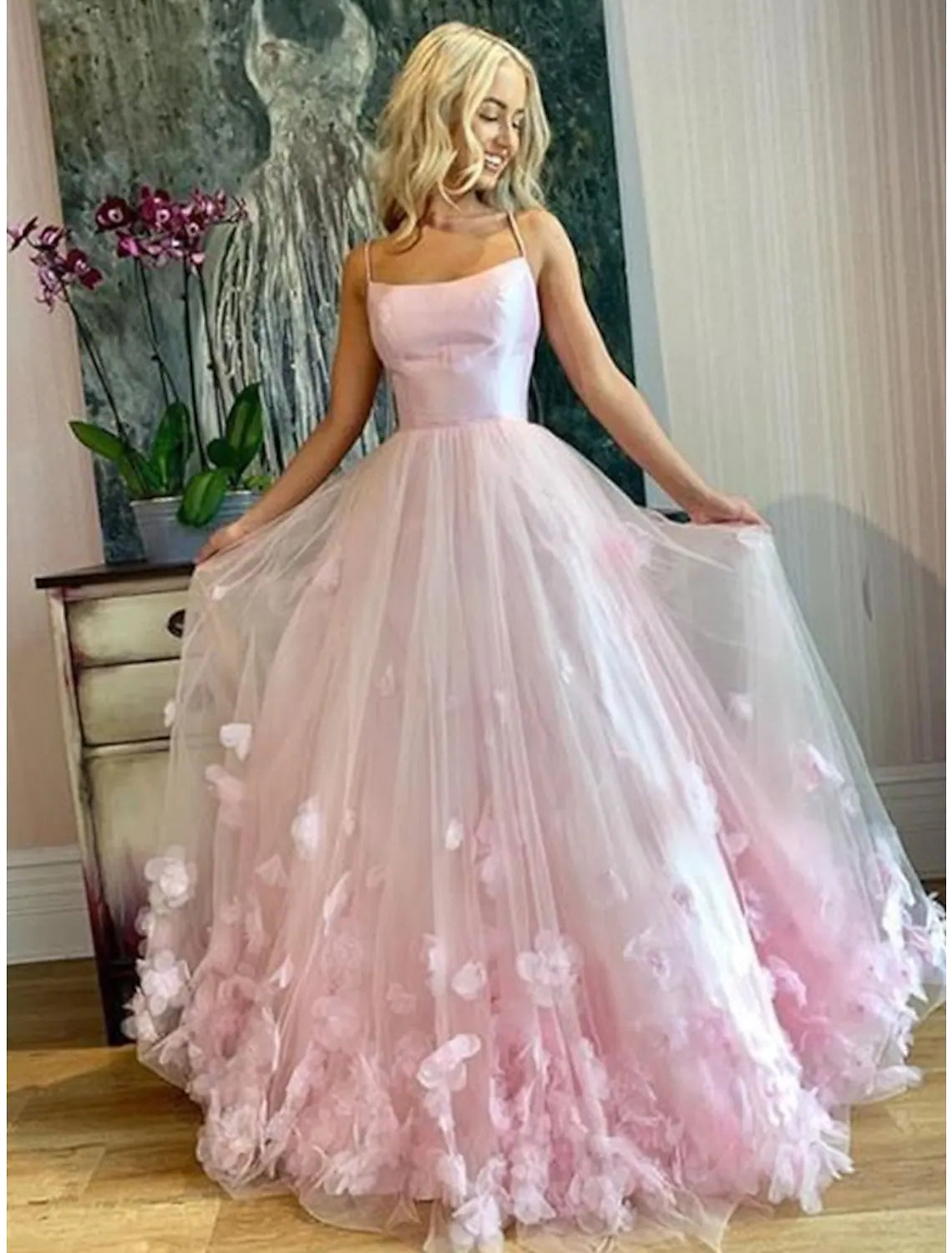 A-Line Prom Dresses Elegant Dress Engagement Floor Length Sleeveless Spaghetti Strap Tulle with Pleats Appliques