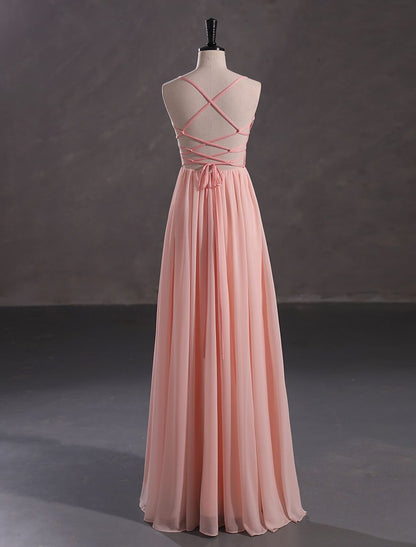 A-Line Evening Gown Elegant Dress Wedding Guest Floor Length Sleeveless Spaghetti Strap Chiffon Crisscross Back with Sequin Slit