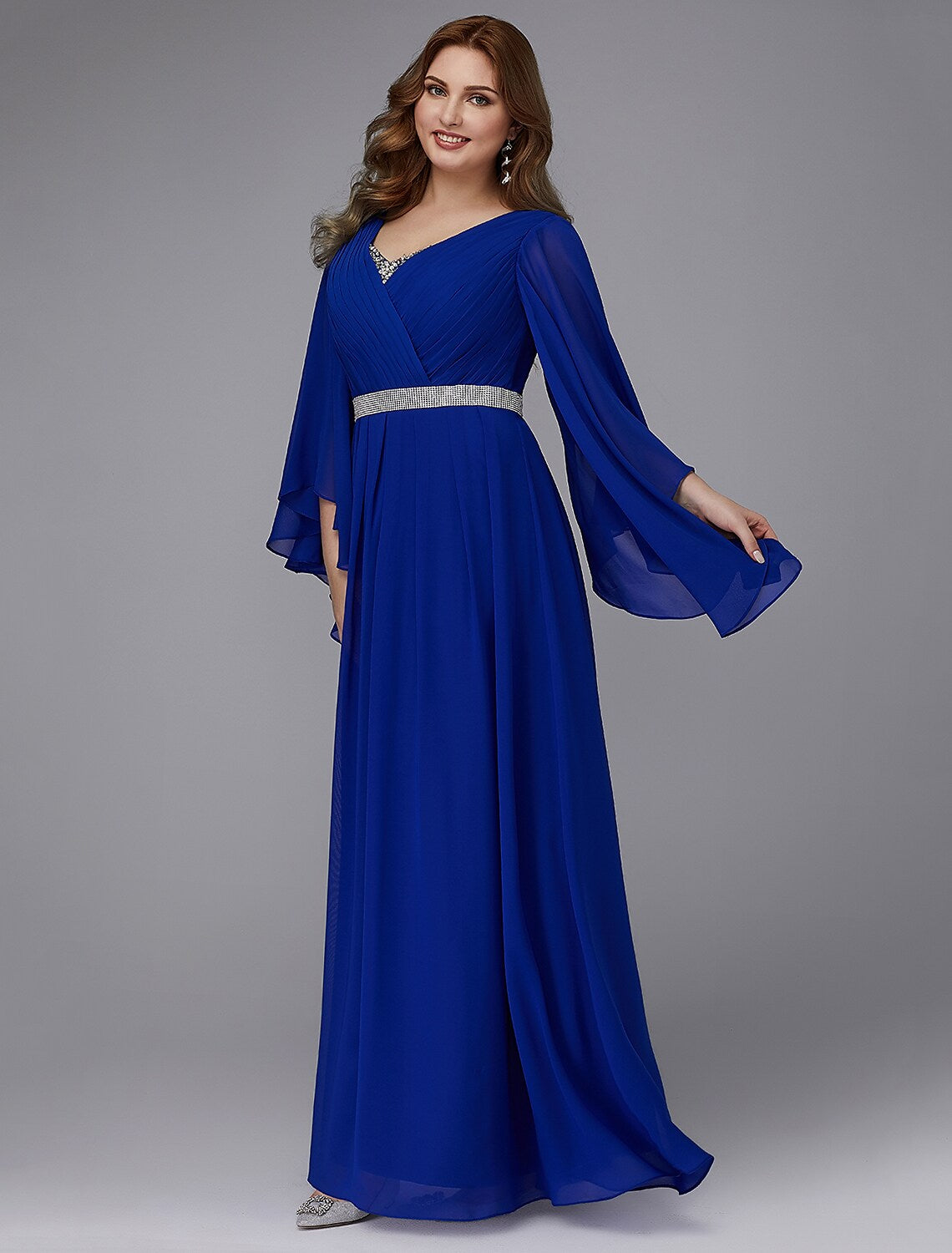 A-Line Plus Size Dress Wedding Guest Floor Length Long Sleeve V Neck Chiffon Lace-up with Crystals Sequin