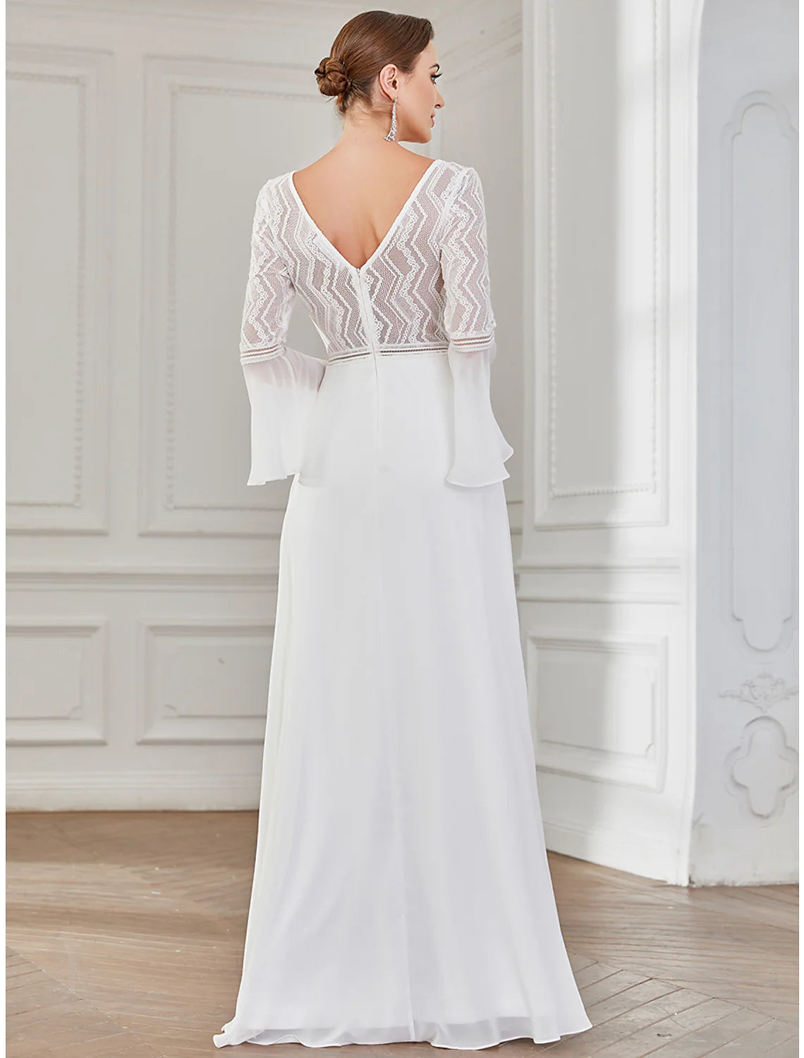 Hall Boho Wedding Dresses Floor Length A-Line Long Sleeve V Wire V Neck Chiffon With Lace Solid Color