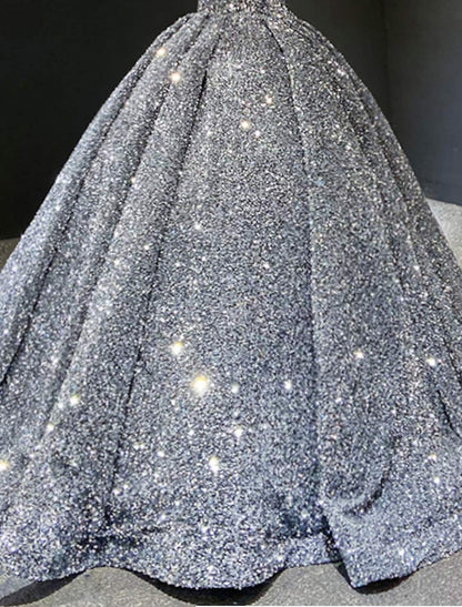 Ball Gown Prom Dresses Luxurious Dress Quinceanera Floor Length Long Sleeve V Neck Sequined with Pleats Sequin