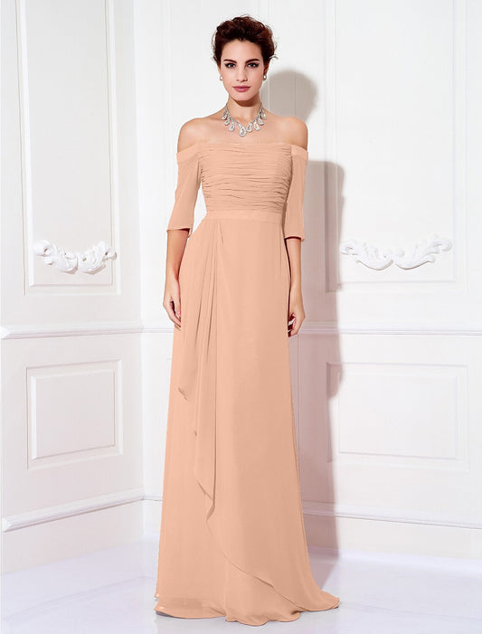 Sheath / Column Minimalist Dress Wedding Guest Sweep / Brush Train Half Sleeve Off Shoulder Chiffon with Ruched Draping