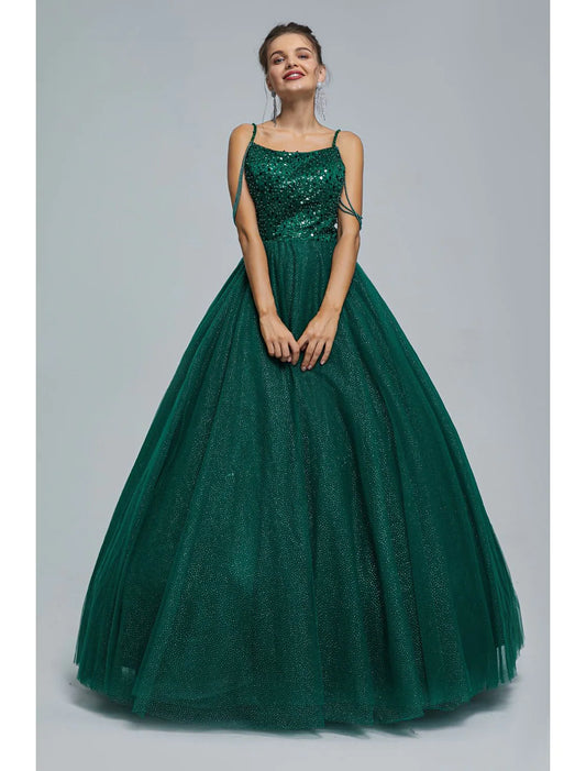 Ball Gown Prom Dresses Sparkle & Shine Dress Graduation Floor Length Sleeveless Spaghetti Strap Tulle with Pearls Sequin