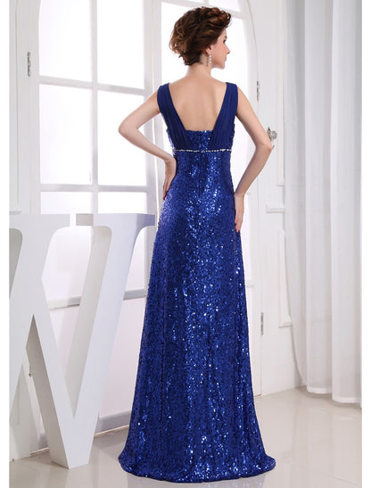 Sheath / Column Sparkle Wedding Guest Engagement Formal Evening Dress V Neck Sleeveless Floor Length Chiffon with Beading