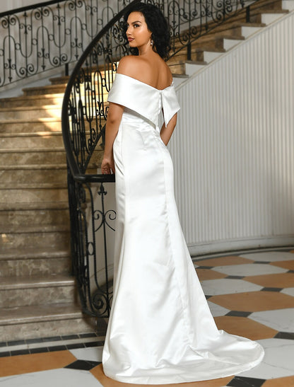 Hall Casual Wedding Dresses Sweep / Brush Train A-Line Sleeveless Off Shoulder Satin With Criss Cross Ruched