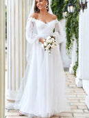 Beach Wedding Dresses Floor Length A-Line Long Sleeve Off Shoulder Tulle With Lace Insert Appliques