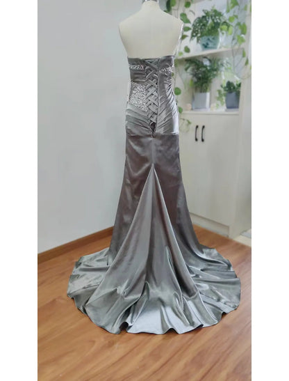 Mermaid / Trumpet Elegant Sparkle & Shine Wedding Guest Formal Evening Dress Strapless Sleeveless Sweep / Brush Train Satin with Crystals