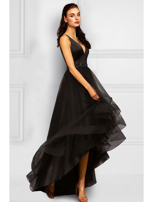 A-Line Cocktail Dresses Elegant Dress Party Wear Asymmetrical Sleeveless V Neck Organza with Rhinestone Ruffles