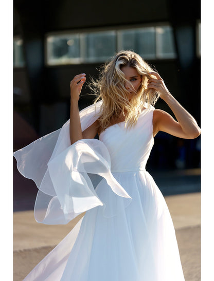 Formal Wedding Dresses Chapel Train Princess Sleeveless One Shoulder Organza With Ruffles Solid Color