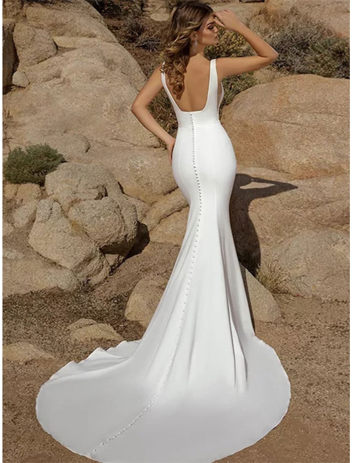 Beach Open Back Casual Wedding Dresses Court Train Mermaid / Trumpet Sleeveless Square Stretch Fabric With Buttons Solid Color