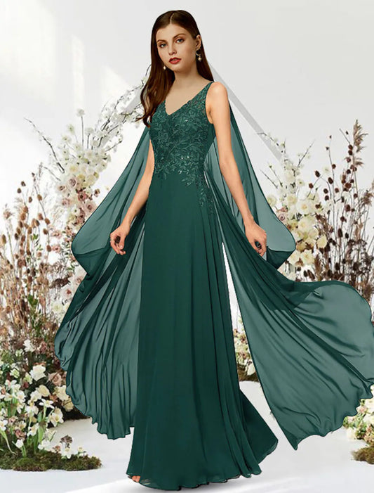 A-Line Empire Elegant Engagement Formal Evening Dress V Neck Sleeveless Floor Length Chiffon with Sequin Appliques