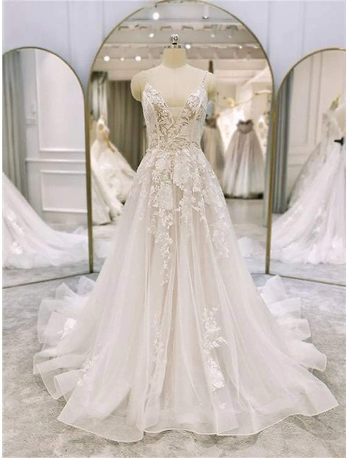 Engagement Formal Wedding Dresses Chapel Train A-Line Sleeveless Spaghetti Strap Lace With Ruffles Appliques