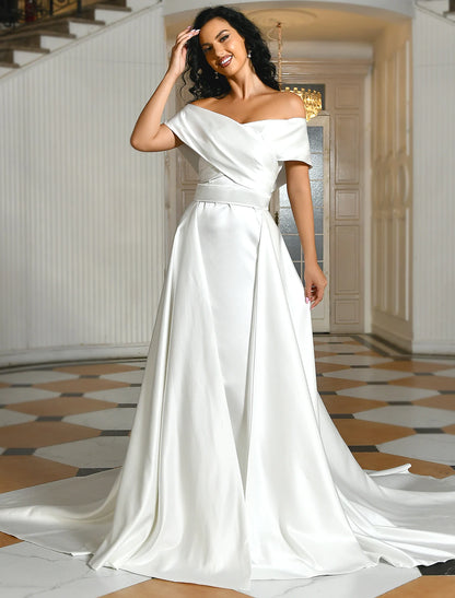 Hall Casual Wedding Dresses Sweep / Brush Train A-Line Sleeveless Off Shoulder Satin With Criss Cross Ruched