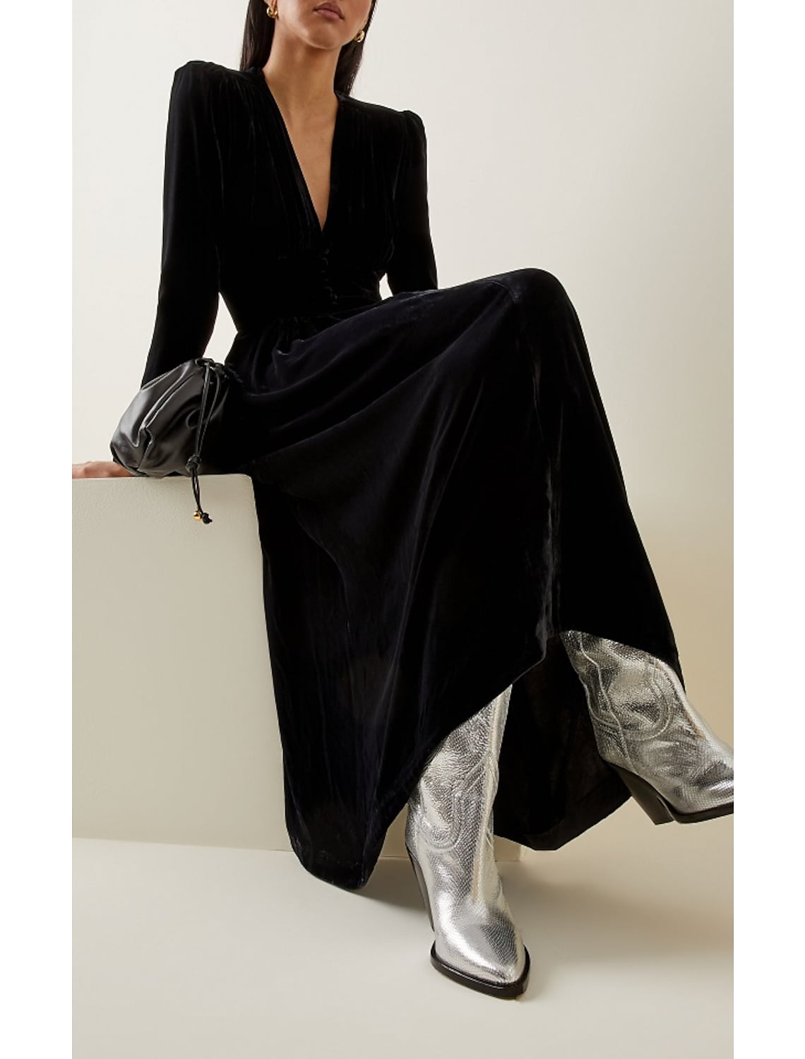 A-Line Evening Gown Minimalist Dress Wedding Guest Ankle Length Long Sleeve V Neck Velvet with Buttons Pleats