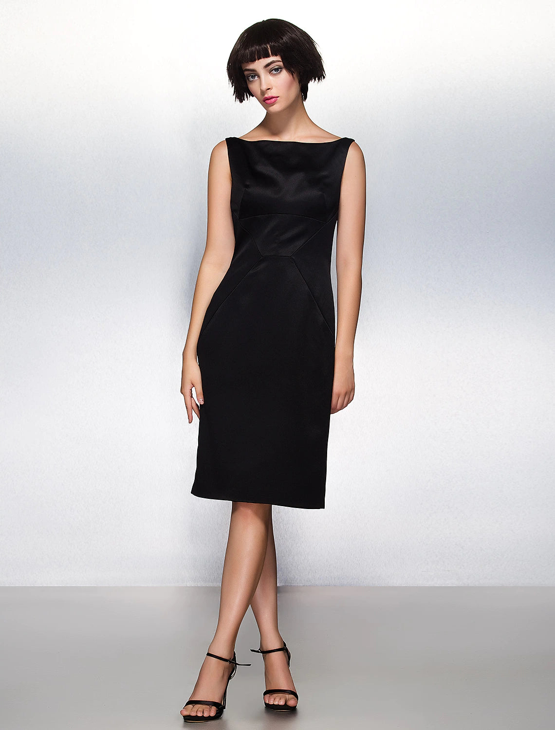 Sheath / Column Party Dress Wedding Guest Knee Length Sleeveless Bateau Neck Satin with Pleats