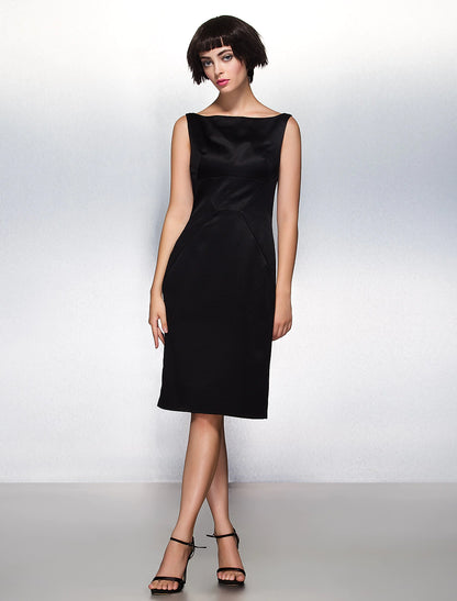 Sheath / Column Party Dress Wedding Guest Knee Length Sleeveless Bateau Neck Satin with Pleats