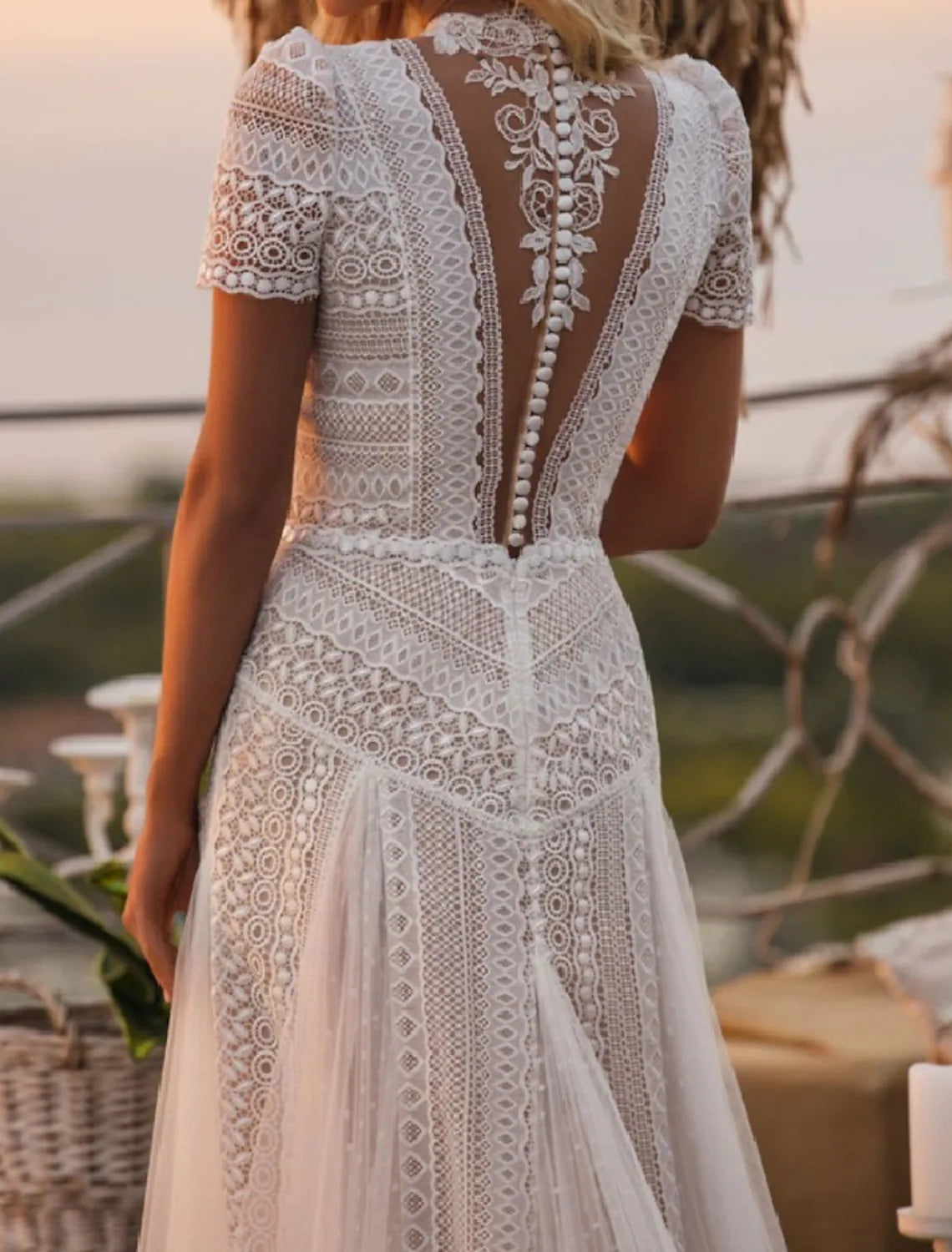 Beach Boho Wedding Dresses Court Train A-Line Short Sleeve High Neck Lace With Appliques