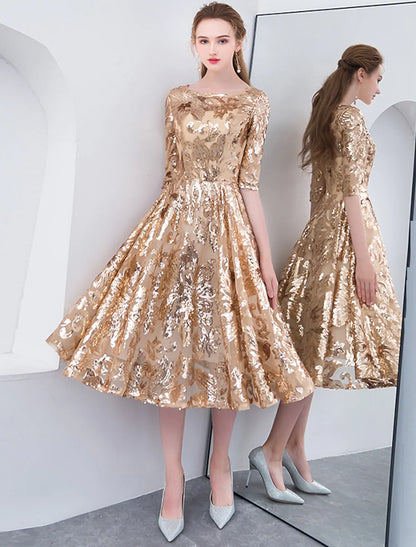 A-Line Cocktail Dresses Party Dress Holiday Tea Length Half Sleeve Jewel Neck Sequined with