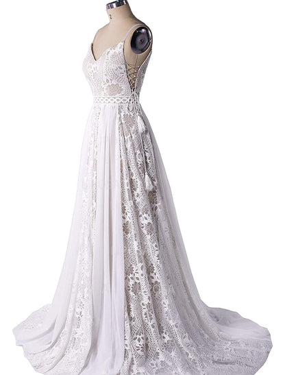 Beach Boho Wedding Dresses Court Train A-Line Sleeveless V Wire Chiffon With Tassel