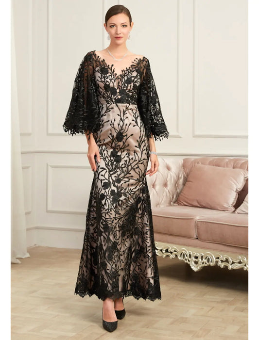 Sheath / Column Sexy Party Wear Formal Evening Dress V Neck Half Sleeve Floor Length Lace with Beading Appliques