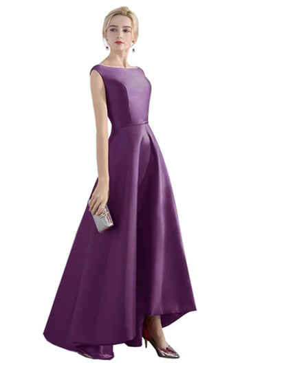 A-Line Evening Gown Elegant Minimalist Dress Party Wear Wedding Guest Asymmetrical Sleeveless Jewel Neck Satin with Sleek