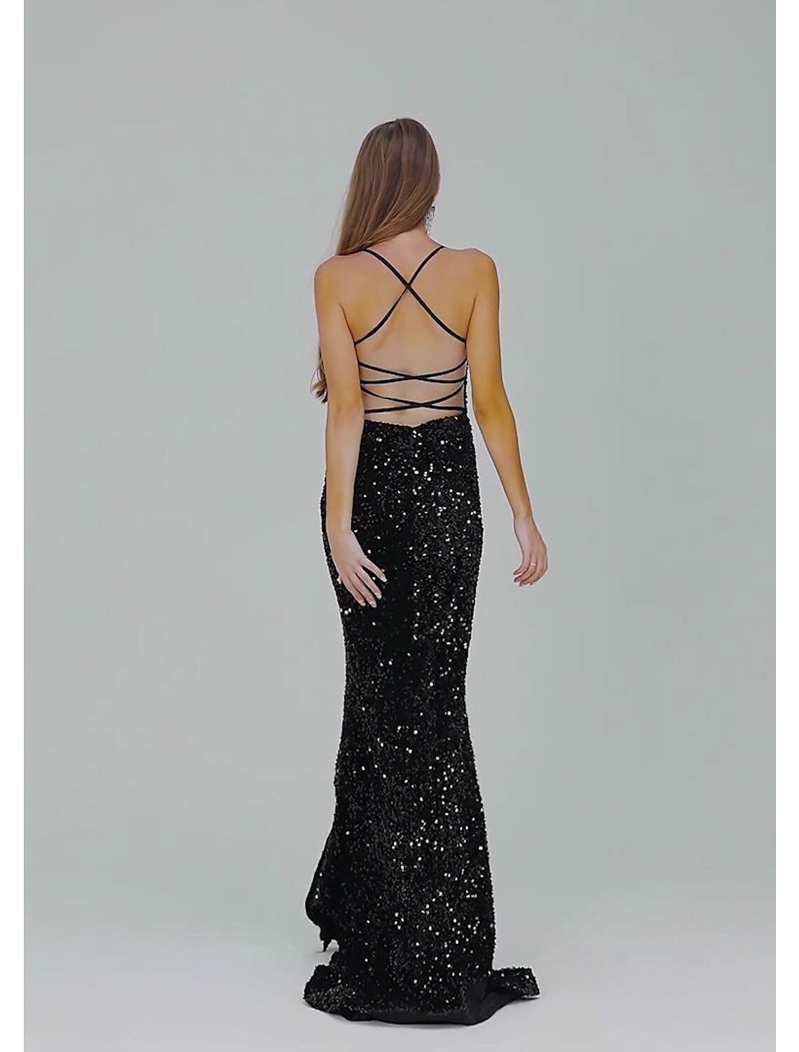 Mermaid / Trumpet Evening Gown Elegant Dress Party Wear Court Train Sleeveless Spaghetti Strap Lace Crisscross Back with Sequin Slit