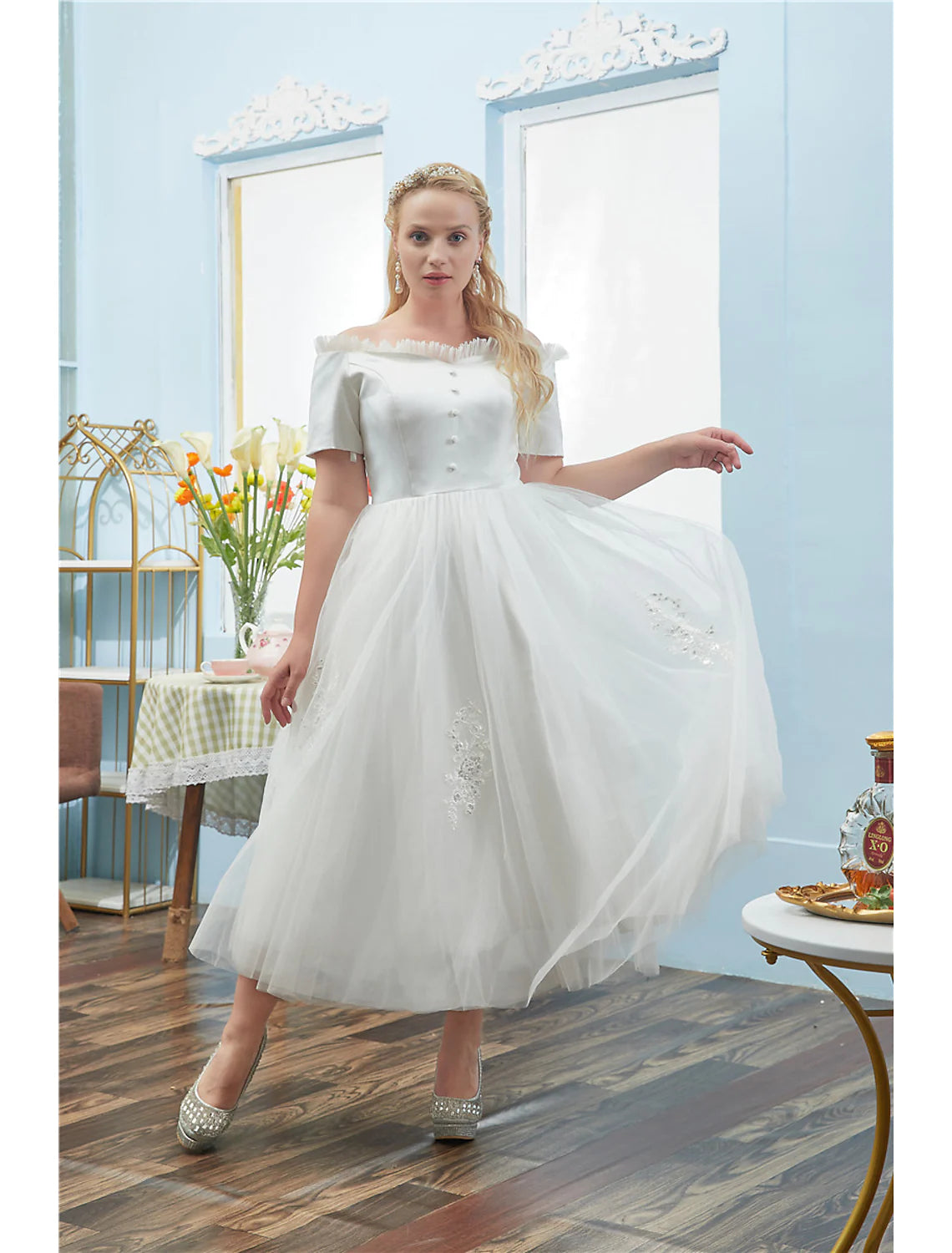 Ball Gown Cocktail Dresses Plus Size Dress Quinceanera Tea Length Short Sleeve Off Shoulder Tulle with Buttons