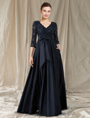 A-Line Cut Out Elegant Engagement Formal Evening Dress V Neck Long Sleeve Floor Length Lace with Bow(s) Pocket