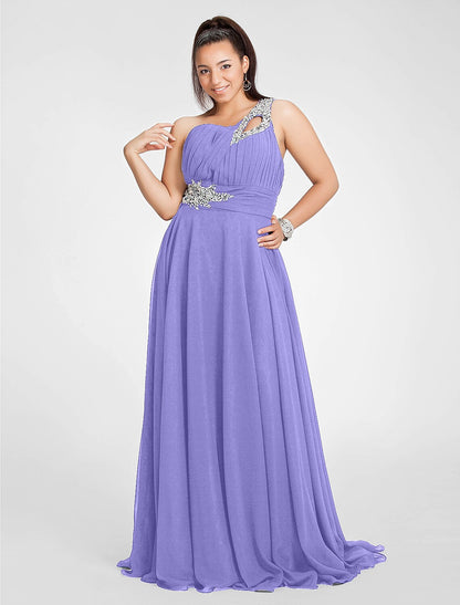 A-Line Cut Out Dress Wedding Guest Sweep / Brush Train Sleeveless One Shoulder Chiffon with Ruched Beading