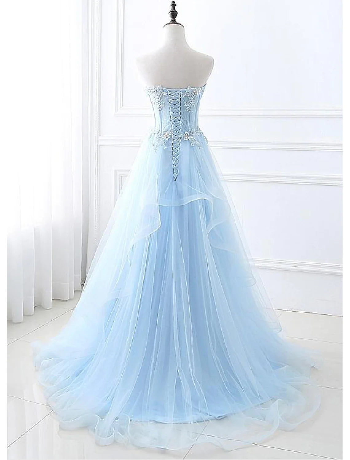 A-Line Sexy Floral Engagement Prom Birthday Dress Strapless Sleeveless Sweep / Brush Train Lace with Pleats Lace Insert