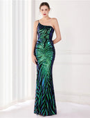 Mermaid / Trumpet Evening Gown Elegant Dress Wedding Guest Floor Length Sleeveless One Shoulder Sequined V Back with Sequin