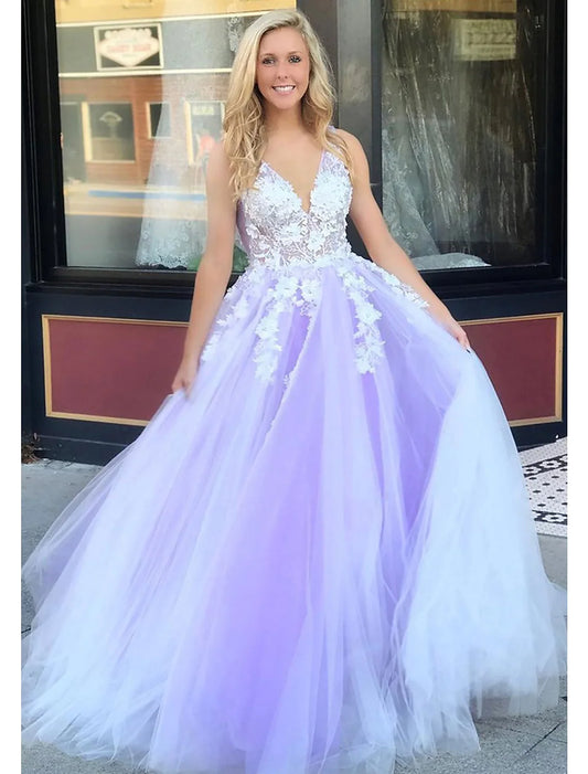 Ball Gown A-Line Prom Dresses Color Block Dress Formal Floor Length Sleeveless V Neck Tulle Backless V Back with Beading Appliques