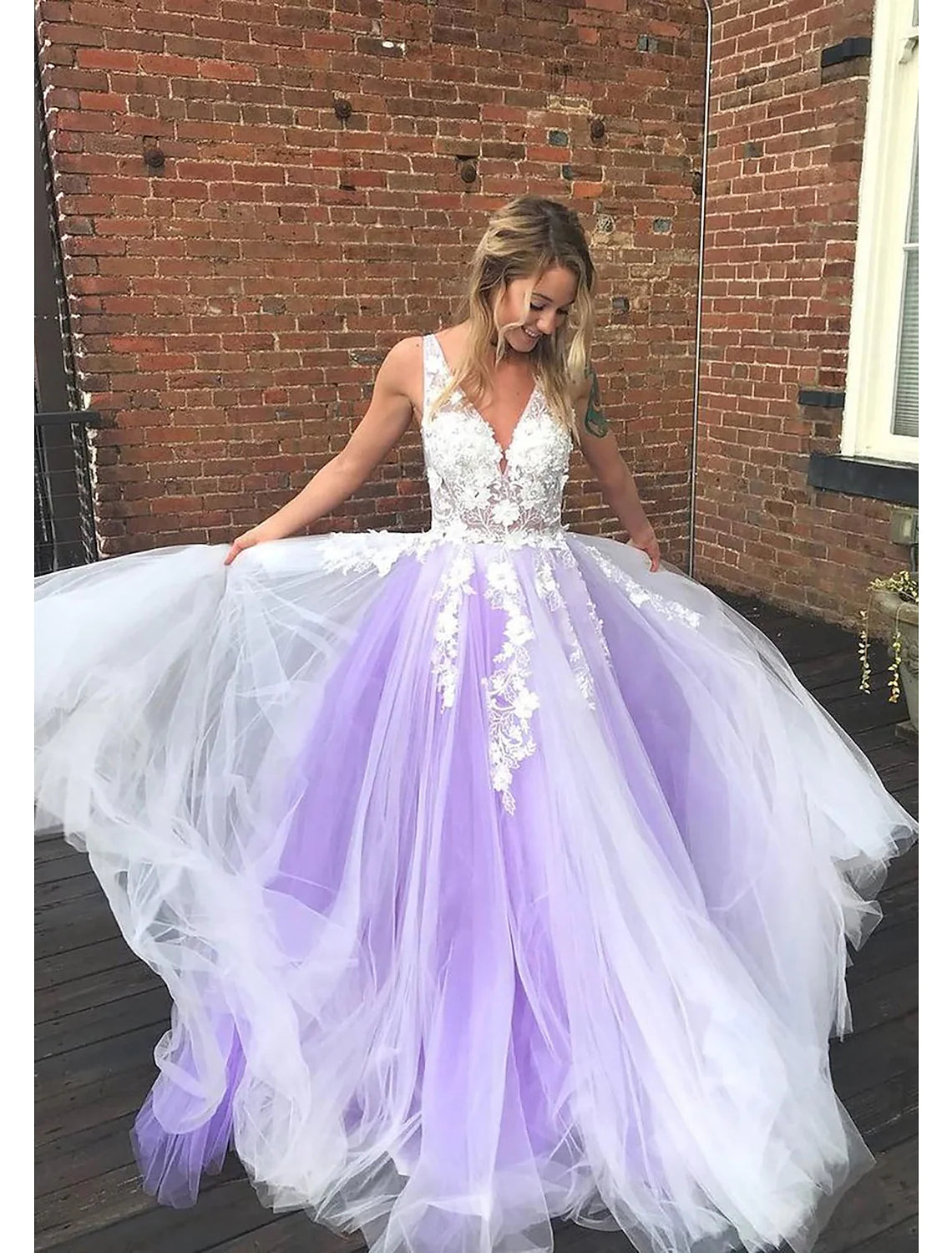 Ball Gown A-Line Prom Dresses Color Block Dress Formal Floor Length Sleeveless V Neck Tulle Backless V Back with Beading Appliques