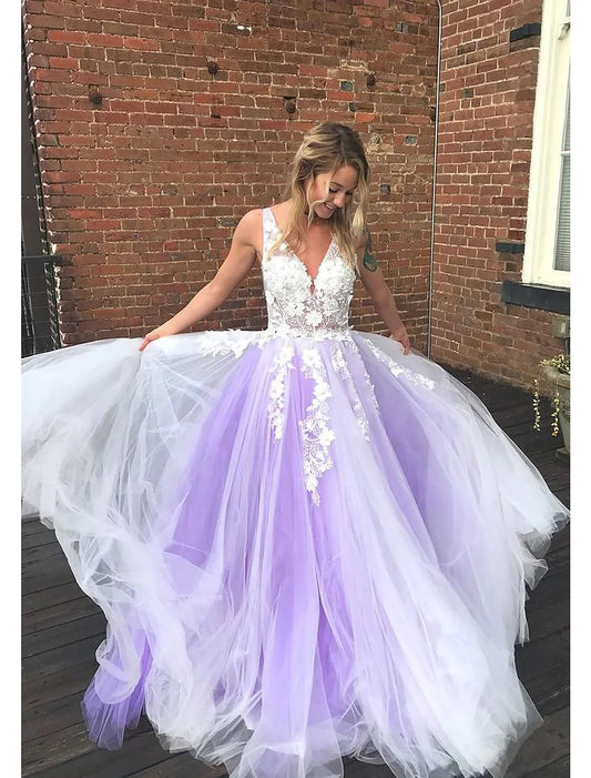 Ball Gown A-Line Prom Dresses Color Block Dress Formal Floor Length Sleeveless V Neck Tulle Backless V Back with Beading Appliques