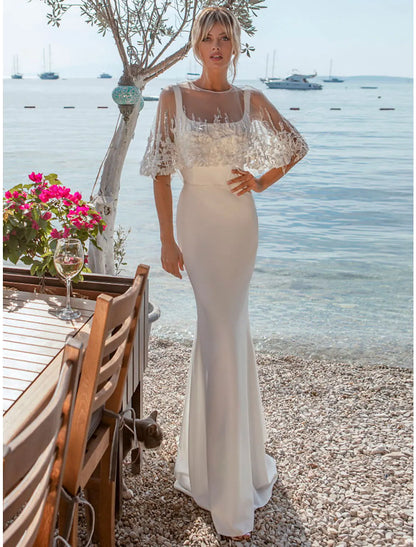 Beach Open Back Casual Wedding Dresses Sweep / Brush Train Mermaid / Trumpet Sleeveless Square Satin With Buttons Beading