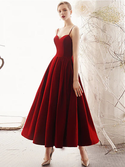 A-Line Prom Dresses Beautiful Back Dress Party Wear Ankle Length Sleeveless Spaghetti Strap Velvet with Sleek Pleats