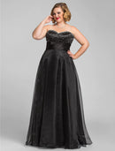 A-Line Little Black Dress Dress Prom Floor Length Sleeveless Sweetheart Organza with Ruched Beading