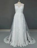 Engagement Formal Wedding Dresses Court Train A-Line Sleeveless Jewel Neck Tulle With Appliques