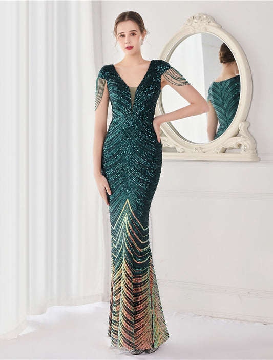 Mermaid / Trumpet Evening Gown Elegant Dress Wedding Guest Floor Length Sleeveless V Neck Sequined V Back with Sequin