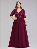 A-Line Prom Dresses Plus Size Dress Wedding Guest Floor Length Half Sleeve Plunging Neck Chiffon