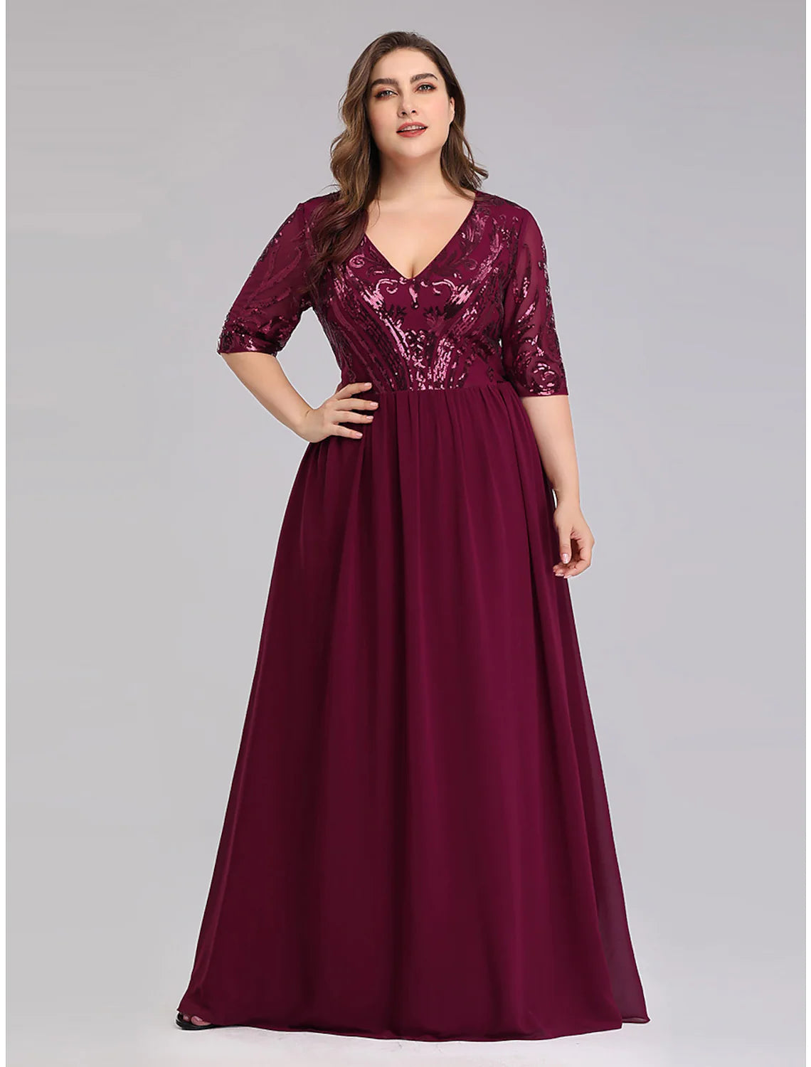 A-Line Prom Dresses Plus Size Dress Wedding Guest Floor Length Half Sleeve Plunging Neck Chiffon