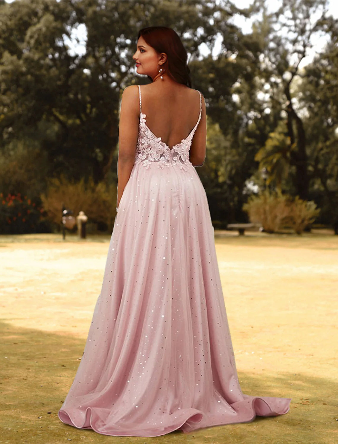 A-Line Prom Dresses Plus Size Dress Wedding Guest Sweep / Brush Train Sleeveless V Neck Tulle with Appliques Pure Color