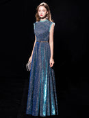 A-Line Elegant Sparkle & Shine Formal Evening Dress High Neck Sleeveless Floor Length Tulle with Sash / Ribbon