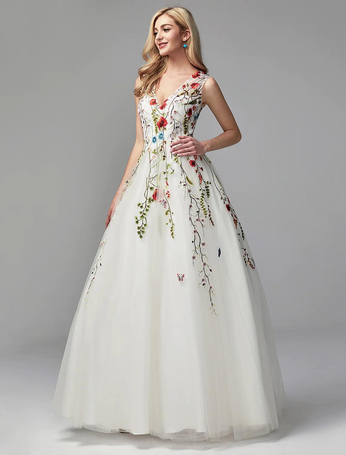 A-Line Special Occasion Dresses White Dress Homecoming Floor Length Sleeveless V Neck Lace with Embroidery Appliques