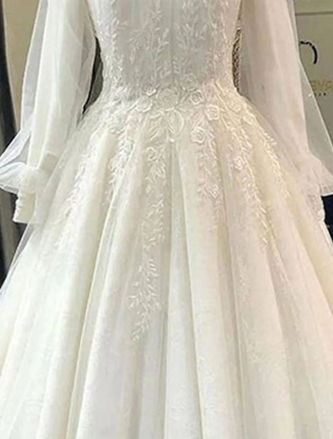 Engagement Vintage 1940s / 1950s Formal Wedding Dresses Chapel Train Princess Long Sleeve High Neck Lace With Pleats Appliques