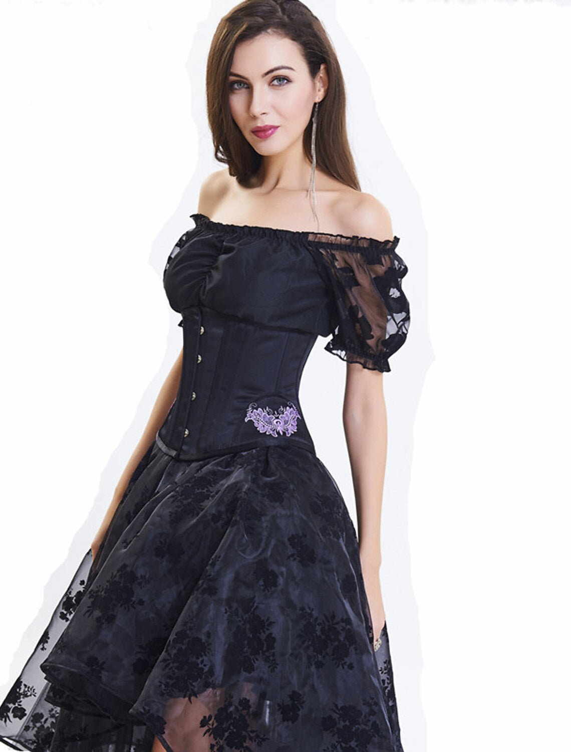 A-Line Prom Dresses Vintage Dress Masquerade Asymmetrical Short Sleeve Off Shoulder Lace with Embroidery Appliques