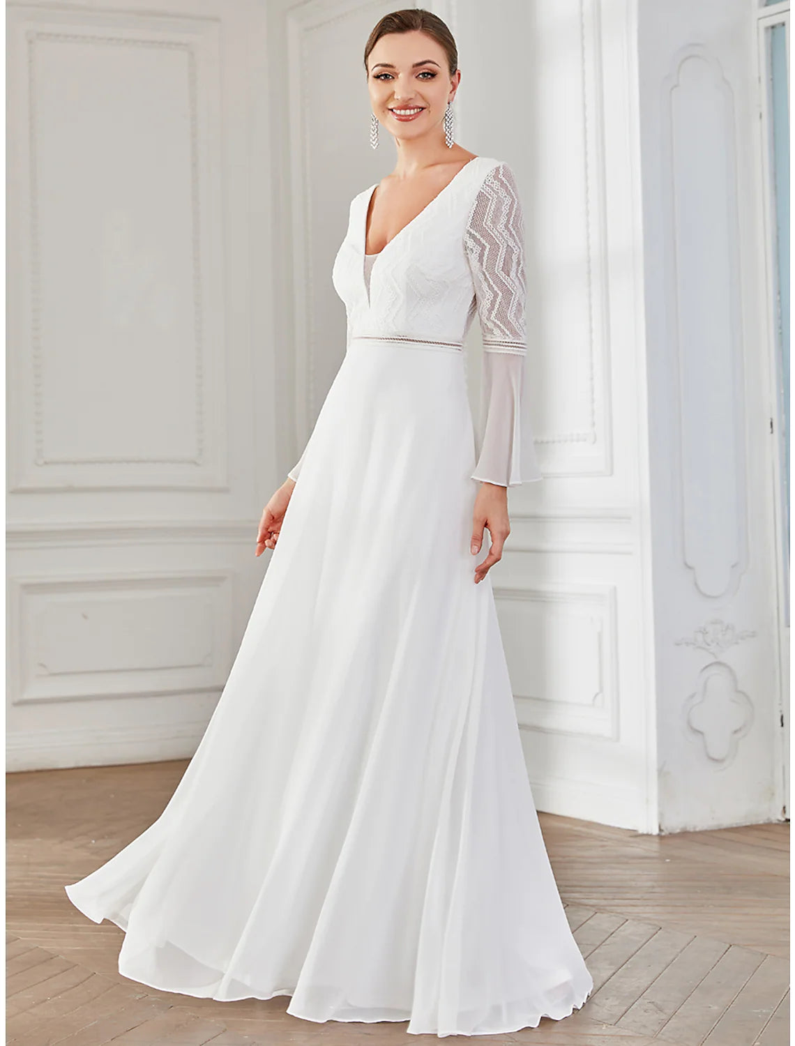 Hall Boho Wedding Dresses Floor Length A-Line Long Sleeve V Wire V Neck Chiffon With Lace Solid Color