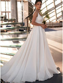 Casual Wedding Dresses Court Train Princess Sleeveless Square Italy Satin With Beading Solid Color