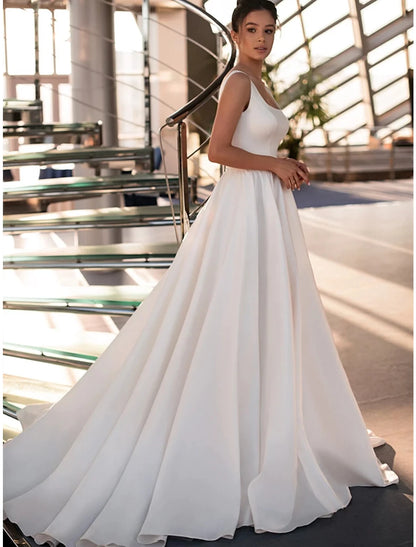 Casual Wedding Dresses Court Train Princess Sleeveless Square Italy Satin With Beading Solid Color