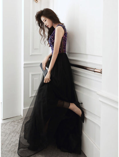 A-Line Glittering Minimalist Wedding Guest Prom Dress V Neck Sleeveless Floor Length Sequined with Sequin